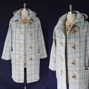 BCBG Vintage tartan plaid check wool blend duffle toggle coat jacket leather M